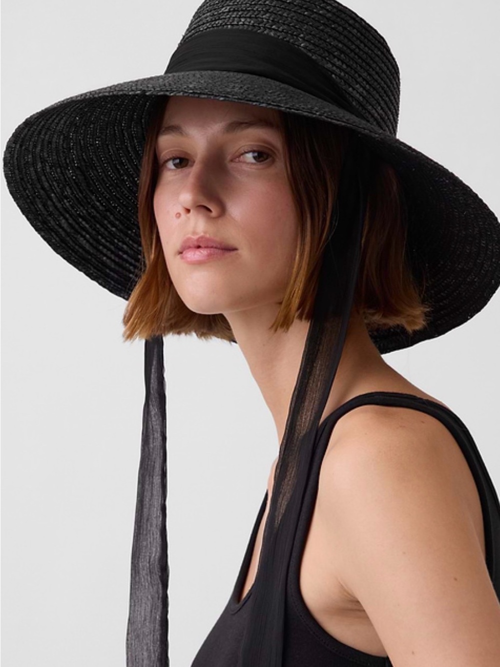 Gap black wide brim straw hat with tie.size S/M. NWT. - Picture 2 of 5